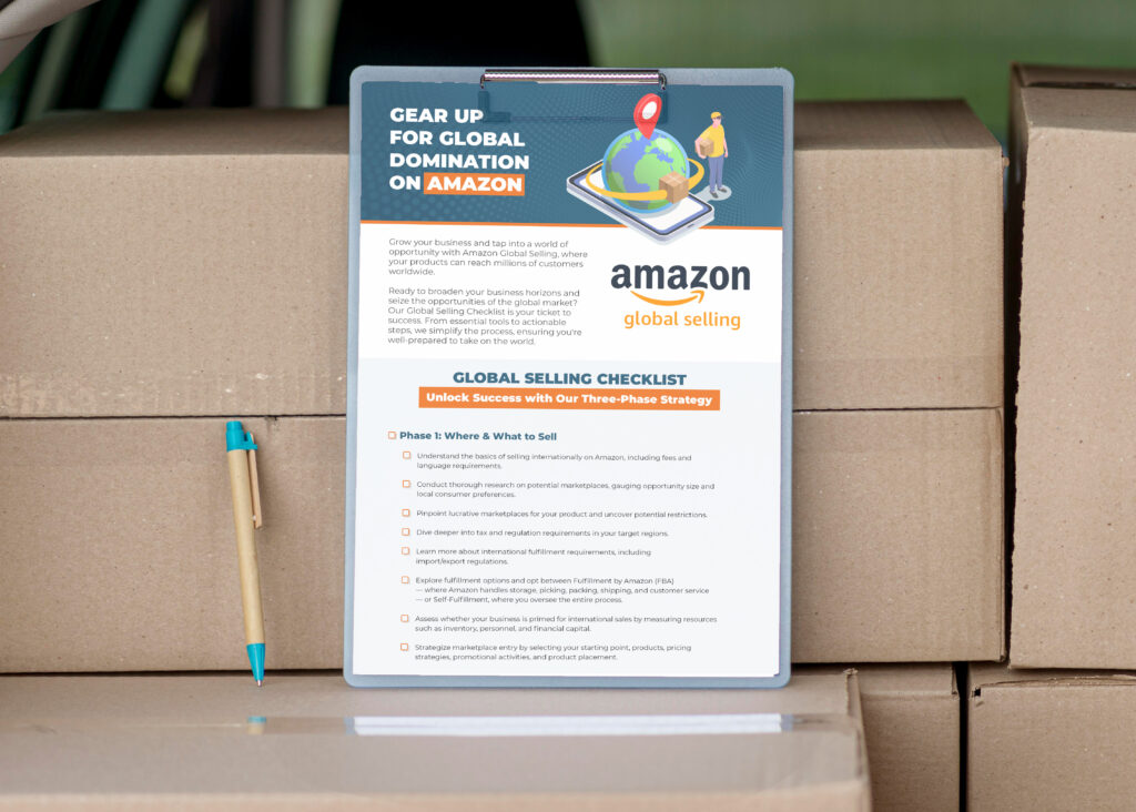 Awesome Dynamic's Amazon Global Selling Checklist on clipboard, leaning against cardboard boxes