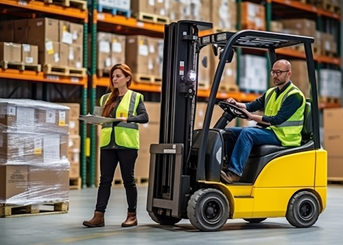 Amazon FBA warehouse, two workers using forklift to move inventory